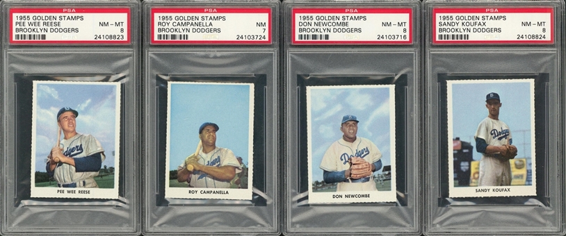 1955 Golden Stamps "Brooklyn Dodgers" PSA-Graded Collection (7 Different) Including Sandy Koufax PSA NM-MT 8 Example, Plus Book